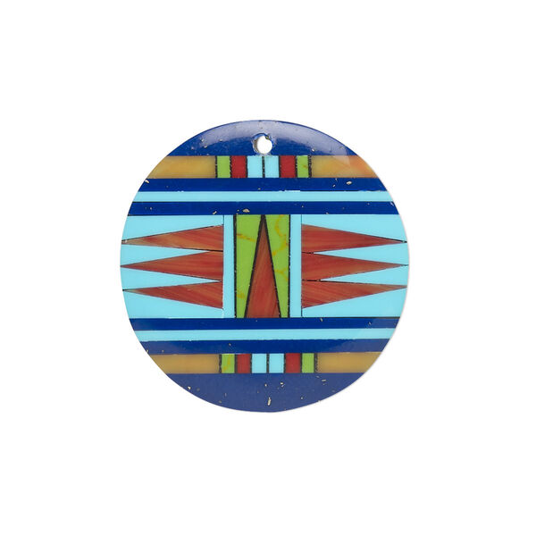 Drop, resin, multicolored, 24mm single-sided flat round with Aztec pattern. Sold individually. image number 0
