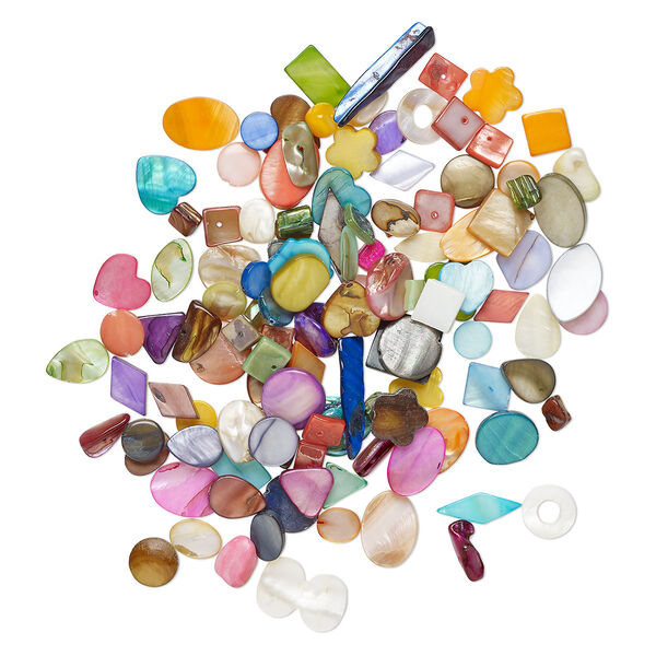 Bead mix, mother-of-pearl shell (dyed), mixed colors, 7x5mm-21x13mm mixed shapes with 0.6-0.8mm hole, Mohs hardness 3-1/2. Sold per 3-ounce pkg, approximately 100-120 beads. image number 0