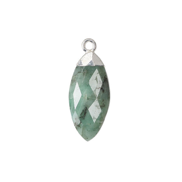 Drop, emerald (oiled) / sterling silver / silver-plated copper, 19mmx9mm hand-cut faceted puffed marquise. Sold individually. image number 0