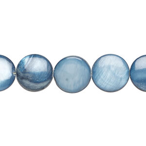 Mother-of-pearl shell 1pkg1, puffed flat round bead 15 inch blue spruce 11-12mm