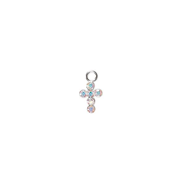Drop, crystals and sterling silver, crystal AB, 7x5mm cross. Sold per pkg of 2. image number 0