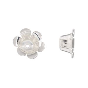 Bead cap, silver-finished steel, 15x7mm flower, fits 8-10mm round bead. Sold per pkg of 20.