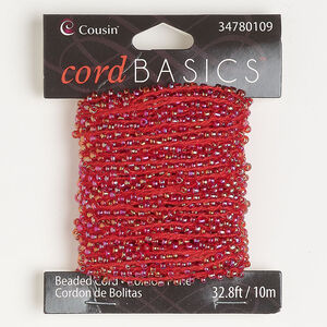 Seed bead cord 1pkg1, nylon and glass, red AB, 2mm hand-crocheted round, 32 feet.