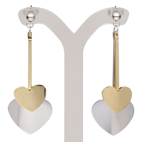 Earring, stainless steel and gold-finished stainless steel, 2 inches with heart and post. Sold per pair. image number 0