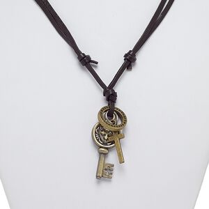 Necklace, leather (dyed) with antique brass-plated steel and "pewter" (zinc-based alloy), black, 2-inch dangle with 20mm ring / 26x11mm cross / 40x19mm key, adjustable from 16-32 inches with knot closure. Sold individually.