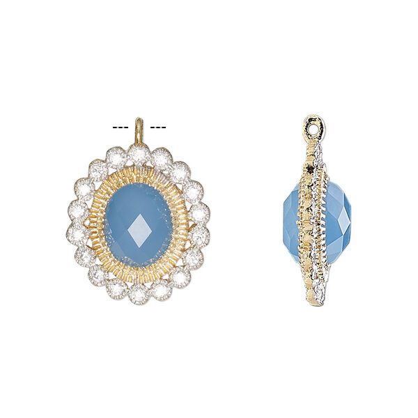 Drop, chalcedony (dyed) / cubic zirconia / gold-finished sterling silver, clear and blue, 17x15mm single-sided faceted oval. Sold individually. image number 0