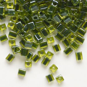 Seed bead, Miyuki, glass, pkg/25g, 3.5-3.7mm square, transparent black inside dyed color green (SB-2637).