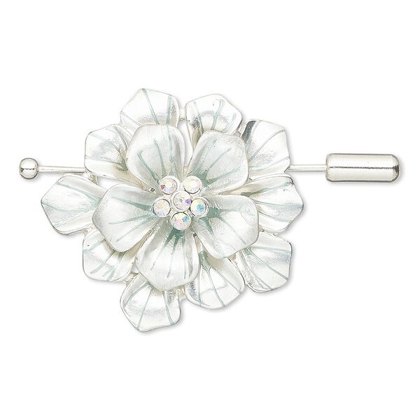 Brooch / pendant, glass rhinestone / enamel / silver-finished "pewter" (zinc-based alloy), silver / teal / clear AB, 36x33.5mm flower. Sold individually. image number 0