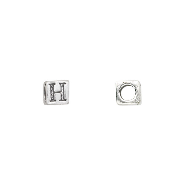 Bead, sterling silver, 5.5mm cube with alphabet letter "H." Sold individually. image number 0