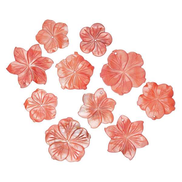 Focal and component mix, mother-of-pearl shell (dyed), salmon, 24-35mm hand-carved flower, Mohs hardness 3-1/2. Sold per pkg of 10. image number 0