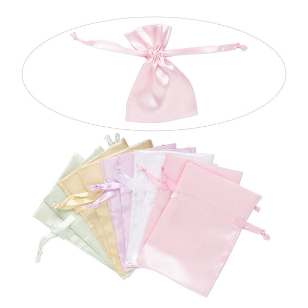 Pouch, satin, assorted pastels, 4-3/4 x 3 inches with drawstring closure. Sold per pkg of 10. image number 0