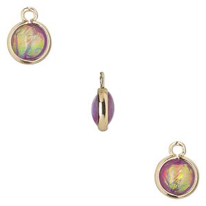 Drop, Opalized Ice™, "opal" (resin) and gold-finished brass, light purple, 9.5mm double-sided round. Sold per pkg of 6.