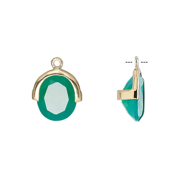 Drop, green onyx (dyed) and gold-finished sterling silver, 13x12.5mm single-sided faceted oval. Sold individually. image number 0