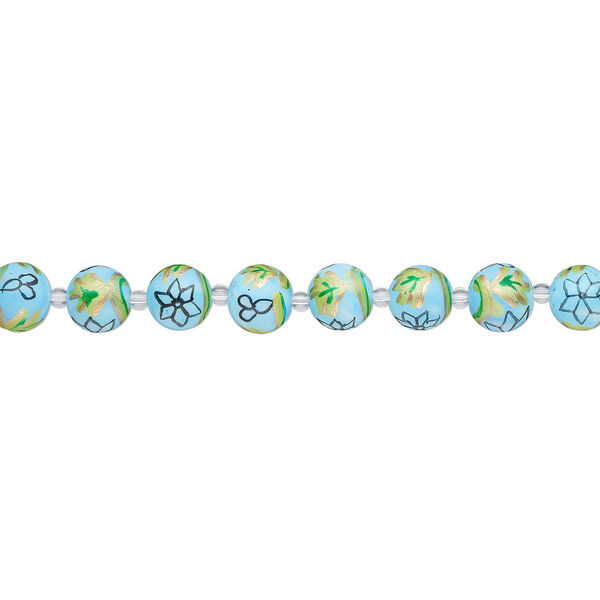 Bead, glass 1pkg8, multicolored, 14mm round with hand-painted flower and leaf. image number 1