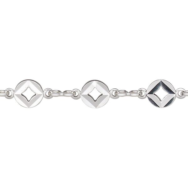 Chain, silver-plated brass, 5.5mm flat round with diamond cutout. Sold per pkg of 5 feet. image number 0
