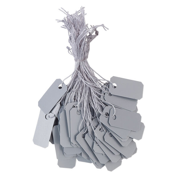 Tag, PVC plastic and cotton, silver, 1 x 1/2 inch. Sold per pkg of 100. image number 0