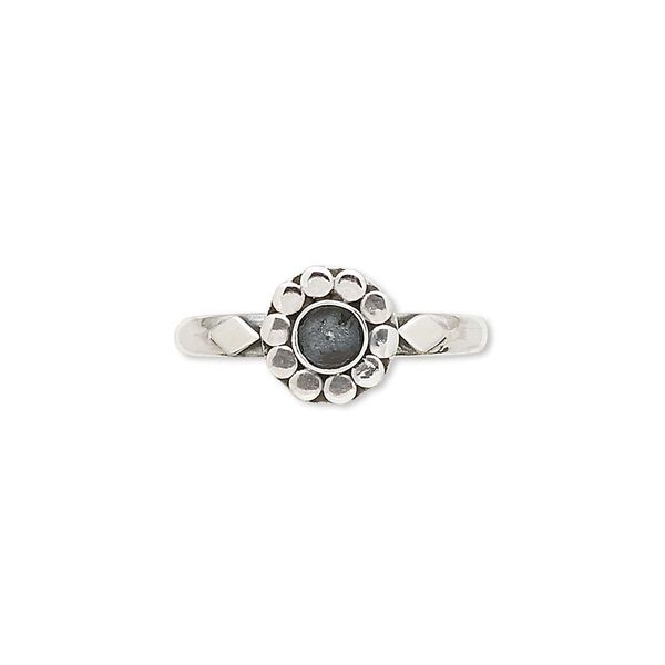 Ring, antiqued sterling silver, 3mm wide with smooth flower design and 4mm round setting, size 7. Sold individually. image number 0