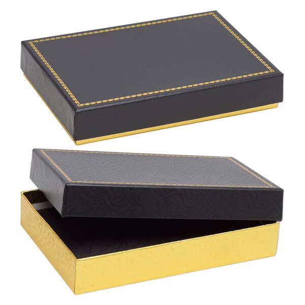 Box, paper and velvet, black and gold, 7-1/8 x 4-7/8 x 1-1/4 inch rectangle. Sold per pkg of 6. image number 0