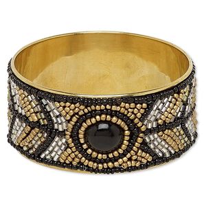 Bracelet, bangle, glass and brass, black / metallic grey / copper, 34mm wide with oval and chevron design, 8 inches. Sold individually.