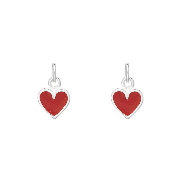 Charm, enamel and sterling silver, red, 8x7mm heart. Sold per pkg of 2. image number 0