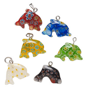 Drop mix, millefiori glass and silver-finished steel 1pkg6, translucent and transparent multicolored, 22x15mm-24x19mm dolphin.