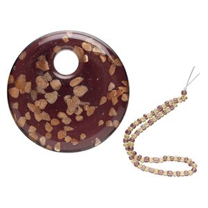 Focal, lampworked glass, purple with copper-colored glitter, 49mm round go-go. Sold individually.