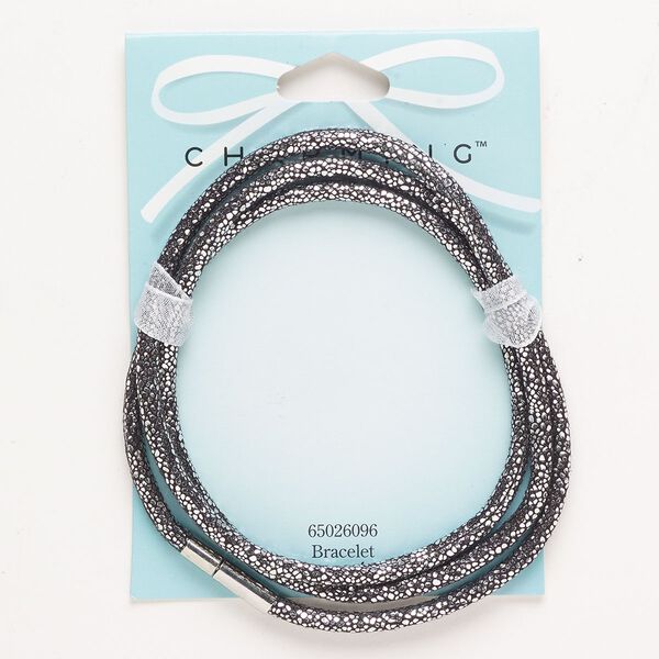 Bracelet, wrap, nylon and silver-finished brass, black and silver, 3mm round, 7 inches with pop-style clasp. Sold individually. image number 0
