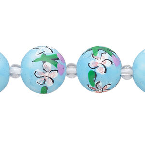 Bead, glass 1pkg8, multicolored, 14mm round with hand-painted flower and leaf.