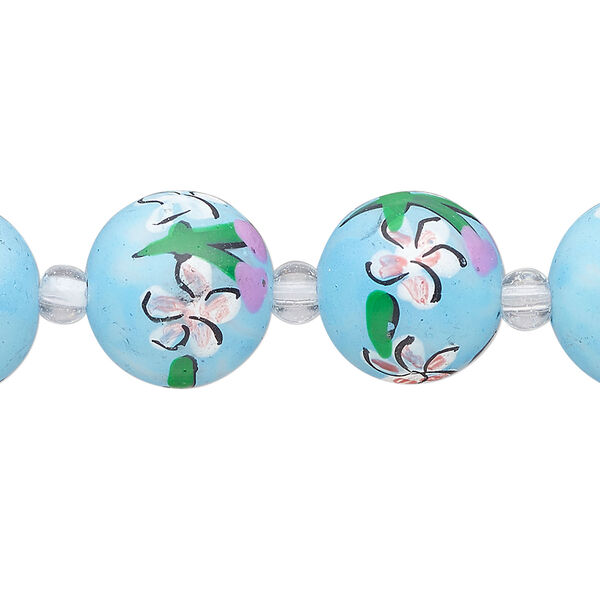 Bead, glass 1pkg8, multicolored, 14mm round with hand-painted flower and leaf. image number 0
