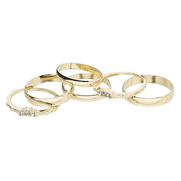 Ring mix, glass rhinestone and gold-finished brass, clear, 3mm and 4mm wide, sizes 5 to 12-1/2. Sold per pkg of 6. image number 0