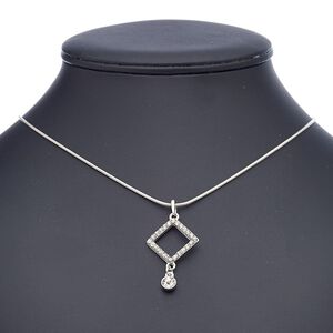 Necklace, glass rhinestone with imitation rhodium-finished steel and "pewter" (zinc-based alloy), clear, 37x24mm with 24x24mm open diamond, 18 inches with 2-inch extender chain and lobster claw clasp. Sold individually.