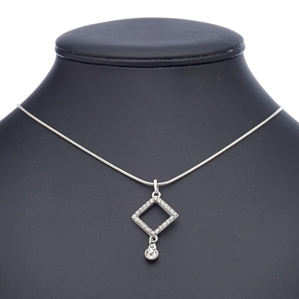 Necklace, glass rhinestone with imitation rhodium-finished steel and "pewter" (zinc-based alloy), clear, 37x24mm with 24x24mm open diamond, 18 inches with 2-inch extender chain and lobster claw clasp. Sold individually. image number 0