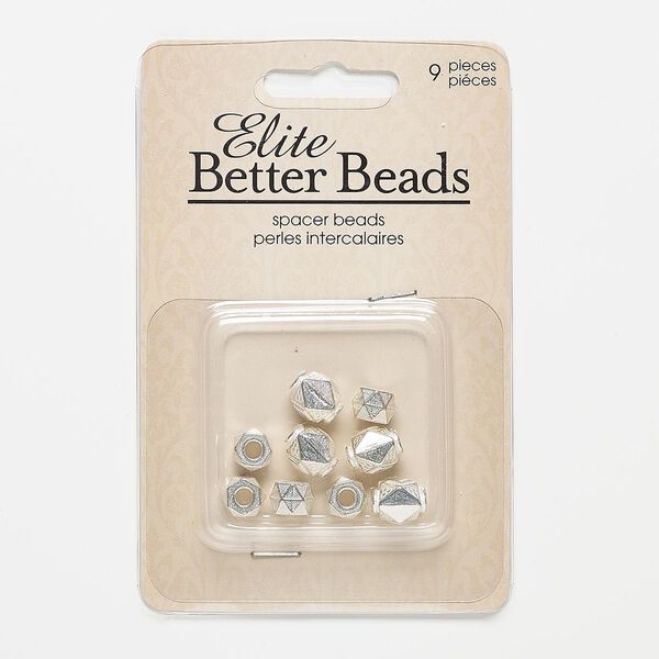 Bead, silver-finished "pewter" (zinc-based alloy), 8x6mm faceted rondelle with 3mm hole and 10x8mm faceted square tube with diamond and circle design with 3mm hole. Sold per pkg of 9. image number 0
