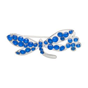 Brooch, silver-finished brass and glass, blue, 31x12mm-32x13mm dragonfly with flower. Sold individually.