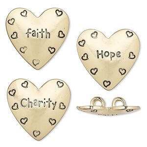 Spacer, gold-finished "pewter" (zinc-based alloy), 25x24mm 2-strand affirmation heart with heart / "Charity" / "faith" / "Hope" designs and hidden loops, fits up to 6mm bead. Sold per 3-piece set.