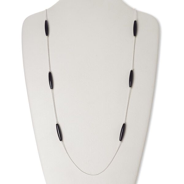Necklace, acrylic and silver-finished brass, black, 27x6mm oval, 35 inches with lobster claw clasp. Sold individually. image number 0