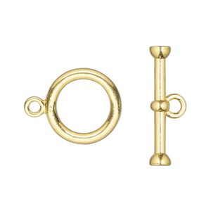 Clasp toggle 1pkg4 "pewter" (zinc alloy), 16mm round, gold-finished 1-strand