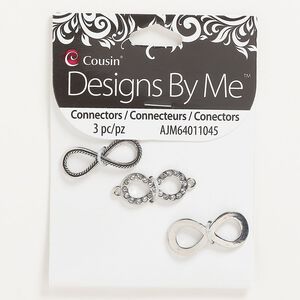 Component assortment, antique silver-finished "pewter" (zinc-based alloy) and glass, clear, mixed-size infinity. Sold per pkg of 3.