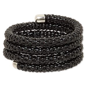 Bracelet, silver-plated steel and painted steel memory wire, black, 32mm wide, adjustable. Sold individually.