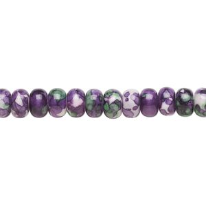 Bead, resin and painted ceramic, purple / green / white, 6x4mm rondelle. Sold per 15-1/2" to 16" strand.