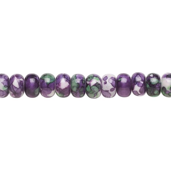 Bead, resin and painted ceramic, purple / green / white, 6x4mm rondelle. Sold per 15-1/2" to 16" strand. image number 0