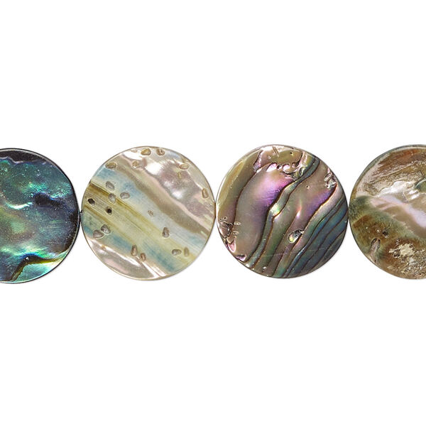 Bead, paua shell (assembled), 14mm flat round. Sold per 15-1/2" to 16" strand. image number 0