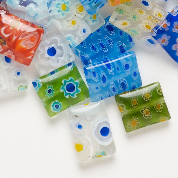 Bead mix, millefiori glass 1pkg2oz, translucent and transparent mixed colors, 11x10mm-14x10mm puffed rectangle. image number 1