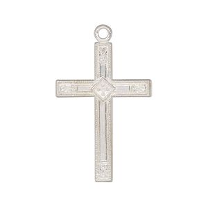 Focal, sterling silver, 30x20mm single-sided flat cross with diamond design. Sold individually.
