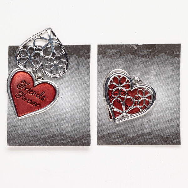 Focal 2pkg2, enamel and silver-finished brass, red, 38x36mm single-sided heart with "Friends Forever" and 38x36mm heart with cutout flowers. image number 0