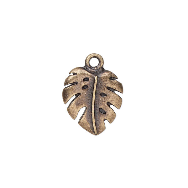 Charm, TierraCast®, antique brass-plated pewter (tin-based alloy), 16x14.5mm monstera leaf. Sold individually. image number 0