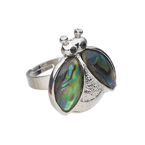 Ring 1pkg1 brass / paua shell / glass rhinestone, 26x24mm ladybug, natural silver finish / black image number 0