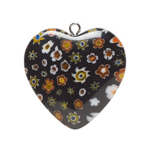 Focal, millefiori glass and silver-finished steel 1pkg1, translucent black and multicolored, 29-31mm puffed heart.