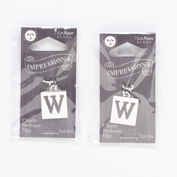 Drop, silver-finished "pewter" (zinc-based alloy) and steel, 16x15mm square with cutout alphabet letter "W." Sold per pkg of 2. image number 0