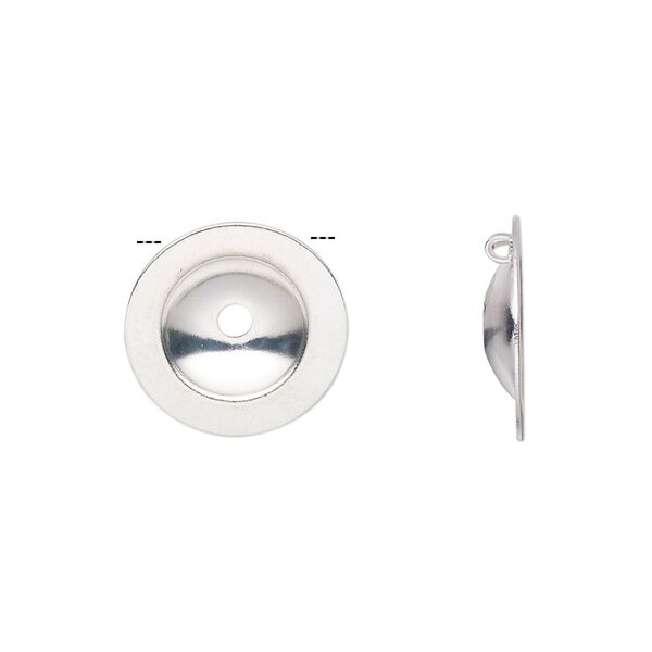 Button cover, silver-plated brass, 15mm domed round with 2 loops. Sold per pkg of 24. image number 0